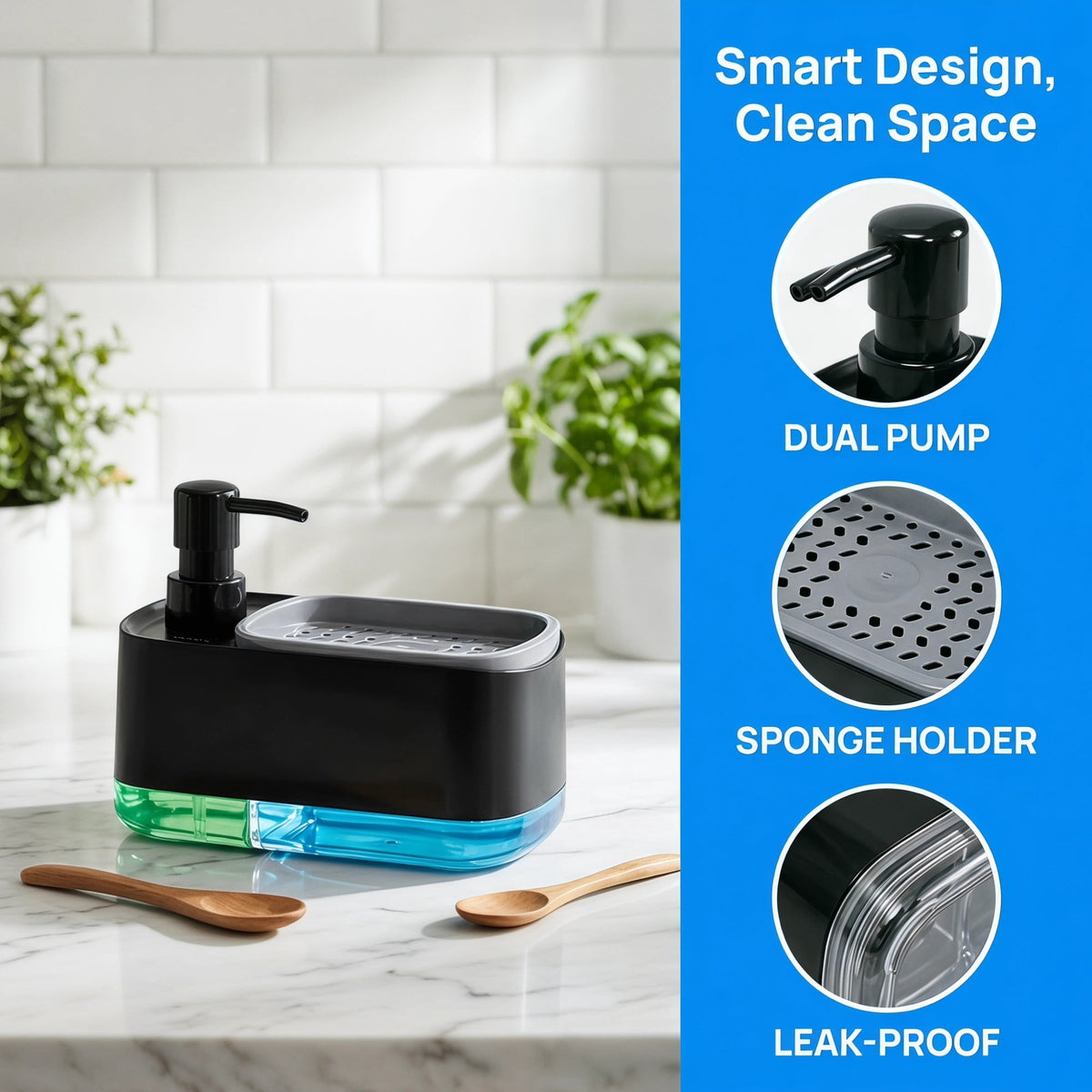 Dual Soap Dispenser with Built-In Sponge Tray for the Kitchen or Bathroom Sink - Image 5