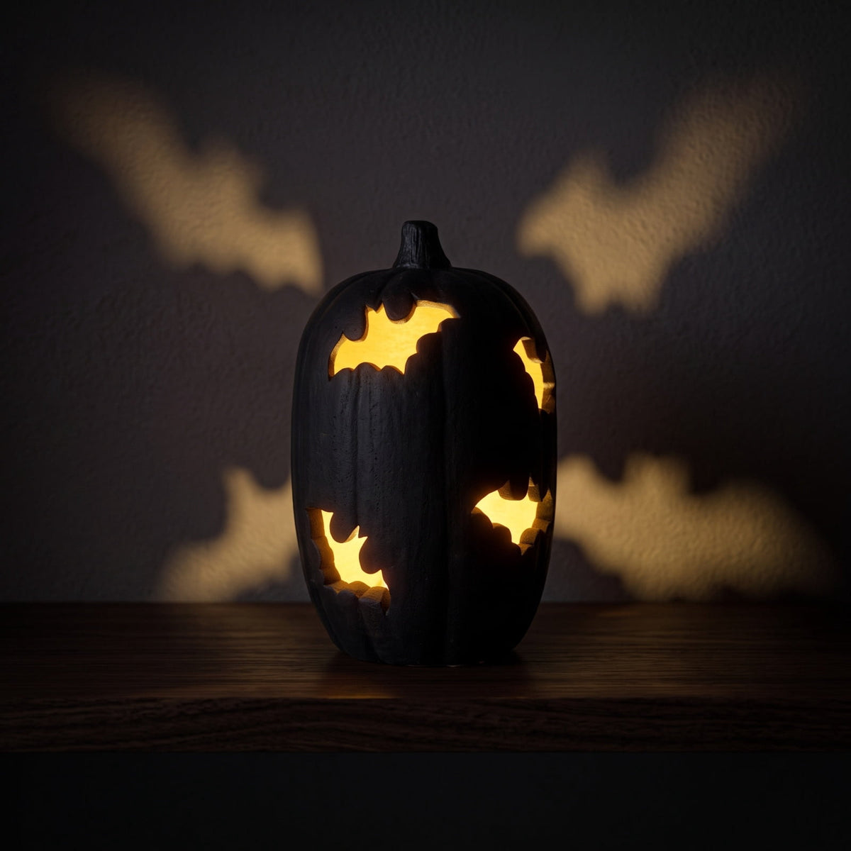 Weathered Resin Pumpkin Candle Holder with Cut-Out Bat Details - Image 4