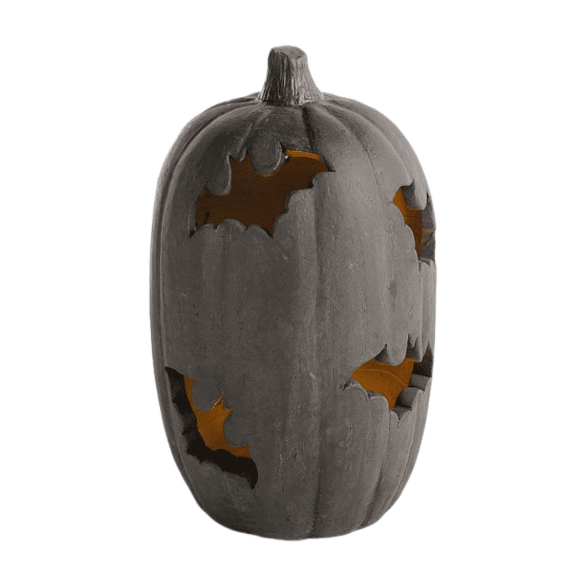 Weathered Resin Pumpkin Candle Holder with Cut-Out Bat Details